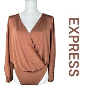 EXPRESS Mock Wrap Blousy Long Sleeve Bodysuit in Coppery Brown Color, Size S/P.